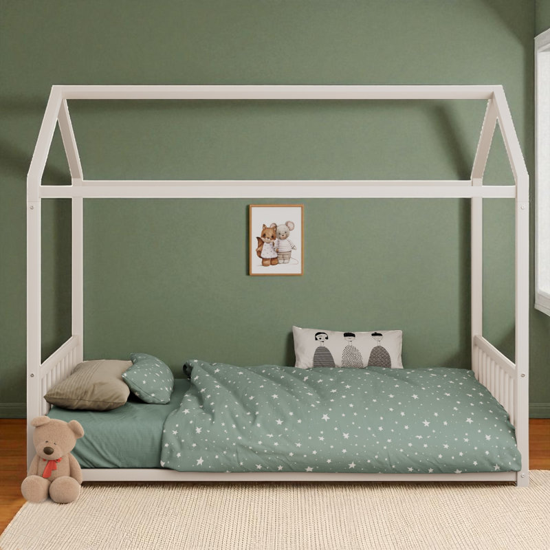 Metal Canopy Bed Floor House Bed, Twin, White