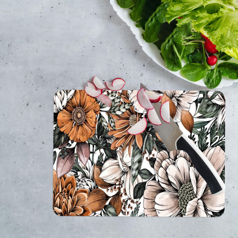 Planche de service en verre à motif floral avec couleurs dégradées, parfaite pour la cuisine de style maison de campagne