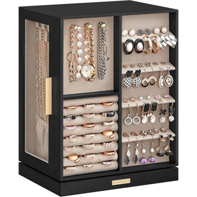 Boîte à bijoux rotative à 360 ° avec fenêtre en verre - Organisateur de bijoux à 5 tiroirs avec fentes pour anneaux, crochets à collier et boucles d'oreilles - Étui de rangement à bijoux vertical avec doublure en velours et conception ouverte