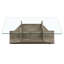 Table basse moderne en verre trempé avec base en bois aggloméré sculpté et compartiments ouverts multi-rangements pour le salon