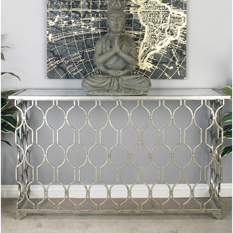 Silver Metal Console Table with Mirrored Glass Top and Trellis Pattern
