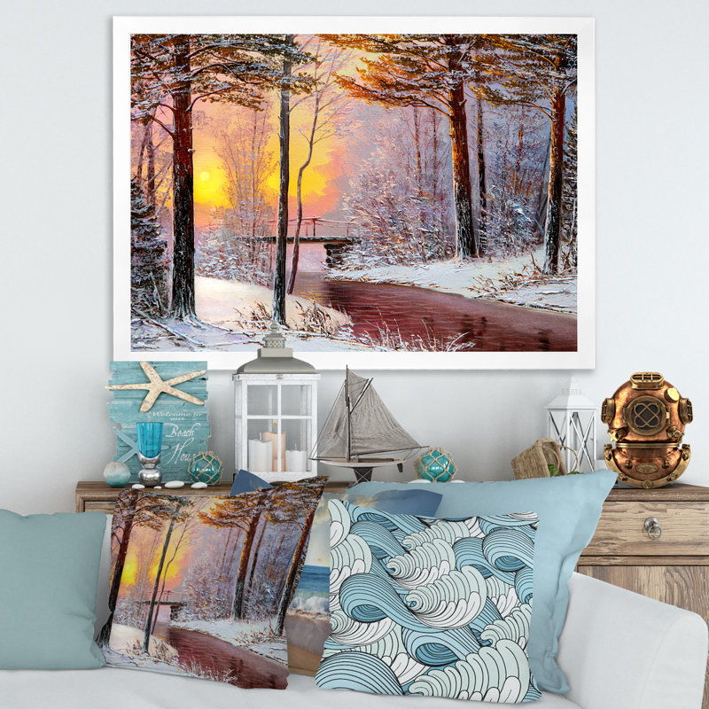 Forêt de Noël avec rivière et arbres IV - peinture sur toile, H 16 po x l 32 po x p 1 po, Cadre photo blanc