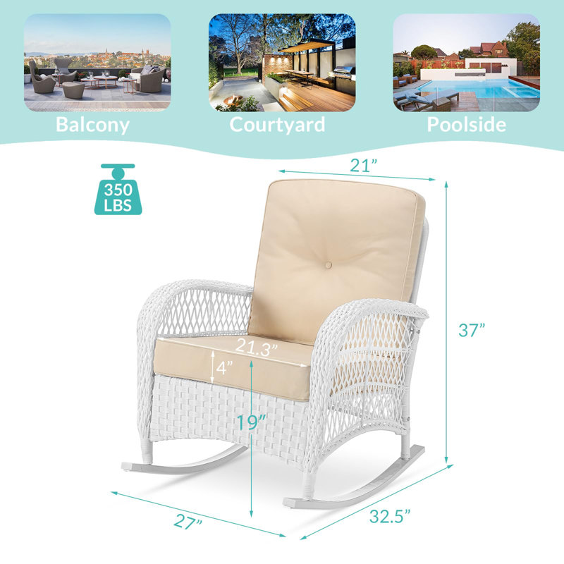 White Wicker Outdoor Rocking Chairs with Beige Cushions, Set of 2