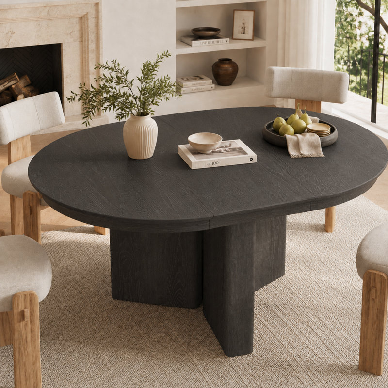 Table de salle à manger ovale extensible, table de cuisine de ferme moderne avec base à piédestal, finition grain de bois de chêne et patins réglables pour la salle à manger et la cuisine