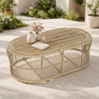 Oval Wicker Coffee Table with Acacia Wood Tabletop and Teak Finish