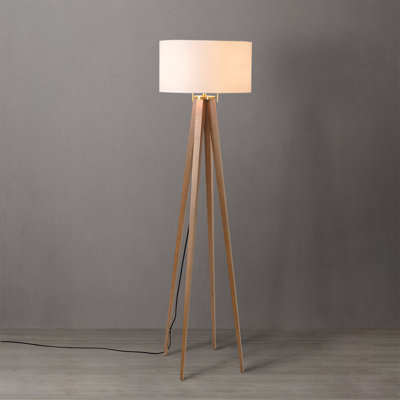 Lampe sur pied Quattro - Finition noyer foncé et laiton patiné, abat-jour en lin blanc, gradateur
