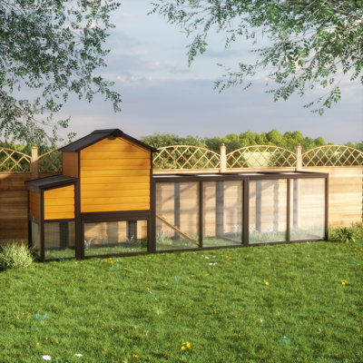 Poulailler d'extérieur en bois avec enclos, 7 portes, plateau coulissant, nichoir et rampe pour 2 à 4 poules