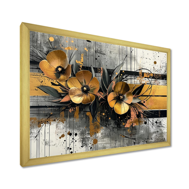 Toile dorée tropicale, danse des coquelicots IV - coquelicots, H 24 po x l 32 po, Floater Framed, Doré