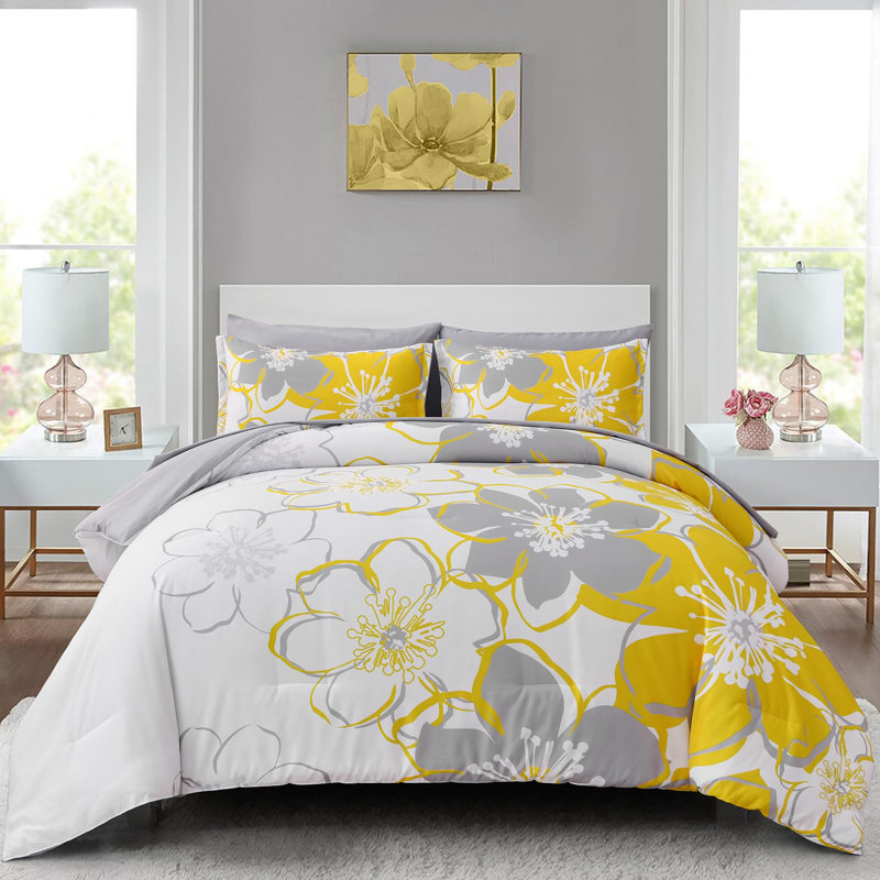Ensemble d'édredon floral 7 pièces, literie en microfibre douce avec draps pour toutes les saisons, Jaune