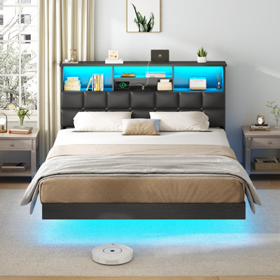 Cadre de lit flottant avec éclairage DEL et rangement dissimulé, lit plateforme rembourré avec tête de lit, station de chargement USB/Type-C, sommier non requis