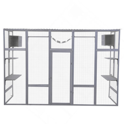 Wooden Cat Enclosure With 6 Jumping Platforms, 2 Cat Condos, Cat Bridge And Scratching Board