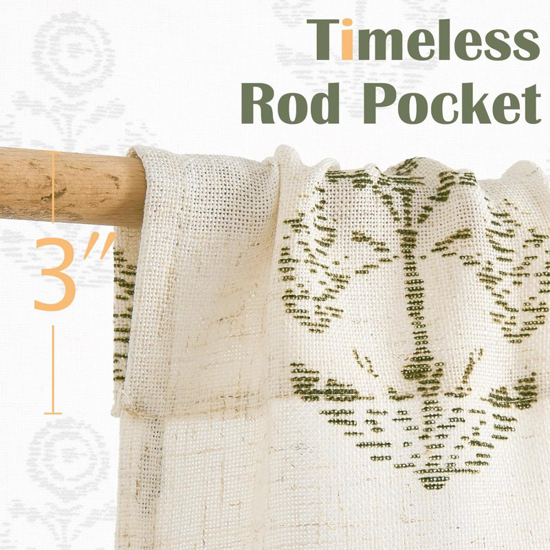 Rideaux en lin à motif floral avec passe-tringle, L 26 po x L 36 po, Vert