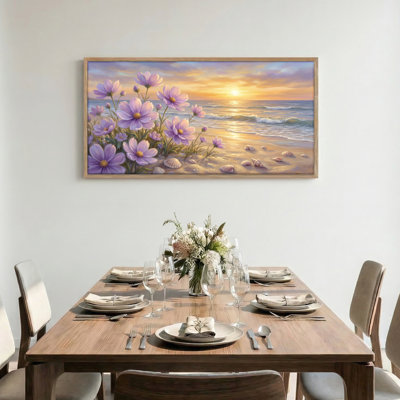 Beach Flowers Canvas Framed Wall Art Oil Painting Print Set Of 1，58 x 28 inch