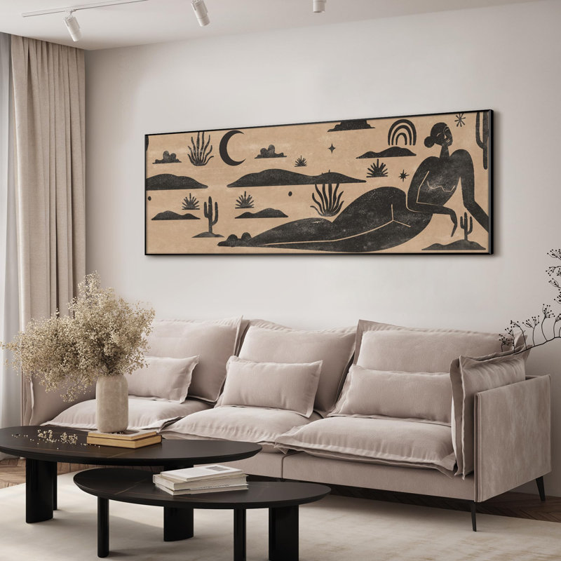 Très grande reproduction d'art sur toile - Paysage de désert noir et beige avec cactus et lune, décoration pour le salon ou la chambre à coucher - «Assemblage requis du cadre (cadre non fini)»