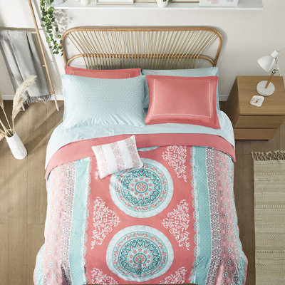 Full Bohemian Coral Medallion Print Fitted Sheet Comforter With Sheets - Theme