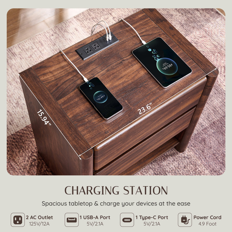Table de chevet moderne de 25 po avec station de charge Bolanos, table de chevet en bois avec 2 tiroirs de rangement et tablette ouverte, conception d'angle arrondi pour la chambre à coucher