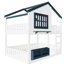 Lit double avec conception de maison, blanc et bleu, rails autour du lit, marches stables, bibliothèque pour un rangement pratique, utilisation de l'espace vertical