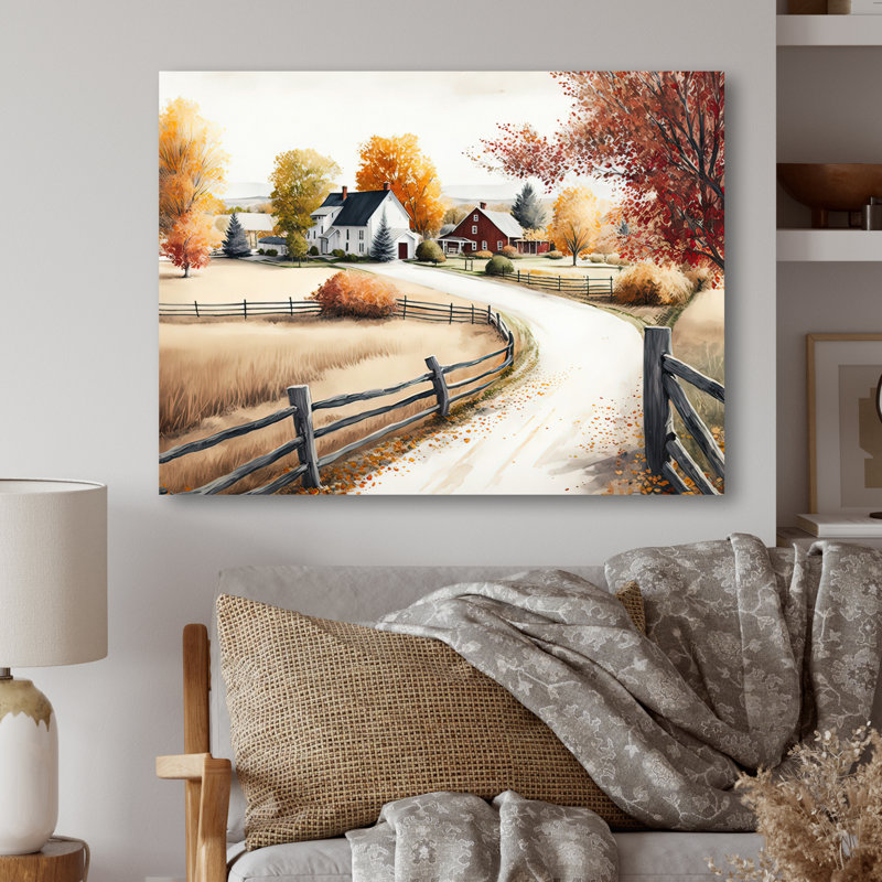 Chemin vers la grange III - art mural paysage de grange, H 16 po x l 32 po x P 1 po, Toile tendue