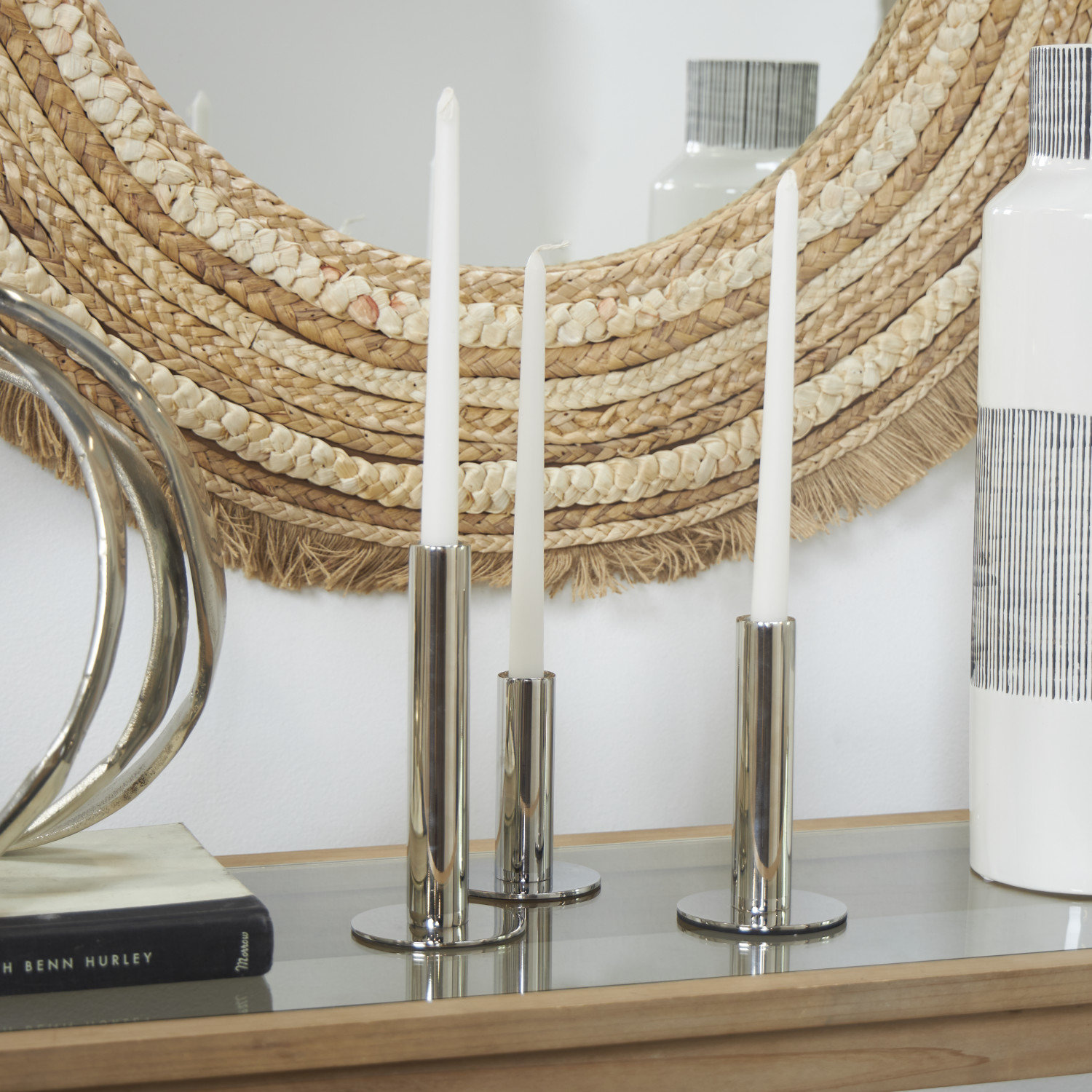 Kage 3-Piece Stainless Steel Candlestick Set, Polished Silver