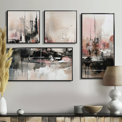 Rose, noir, minimalistes, fludité I - art mural moderne bleu, 4 pièces