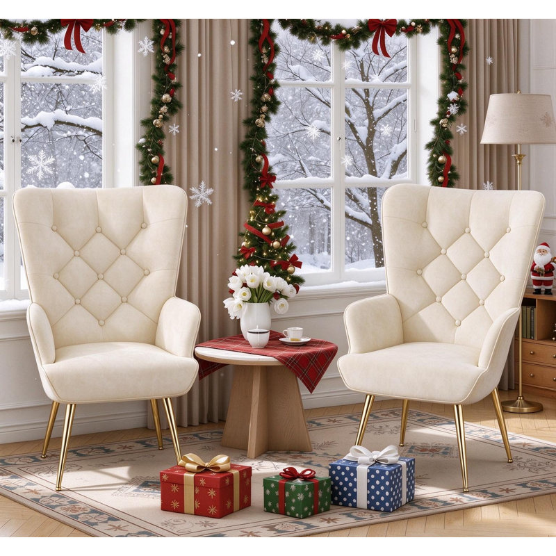 Bastoam 50Cm Wide Tufted Velvet Wingback Chair, Beige;2-Piece Set