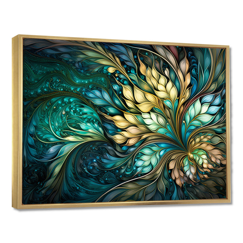 Turquoise, art nouveau, feuilles spirales - Botanicals, impression d'art mural, Toile avec cadre flottant or