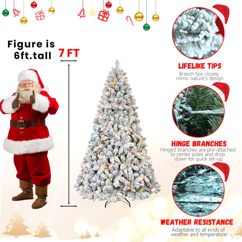 4FT Flocked Christmas Tree With 150 Colourful UL Lights And 21 Natural Pine Cones – 366 Snowy PVC Tips, Hinged Branches, Stable Metal Stand, Easy Setup