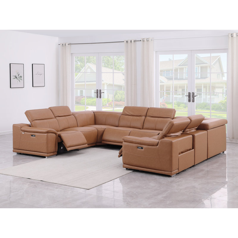Lily 8 Piece 4 Power Top Grain Italian Leather Sectional, Cognac Genuine Leather