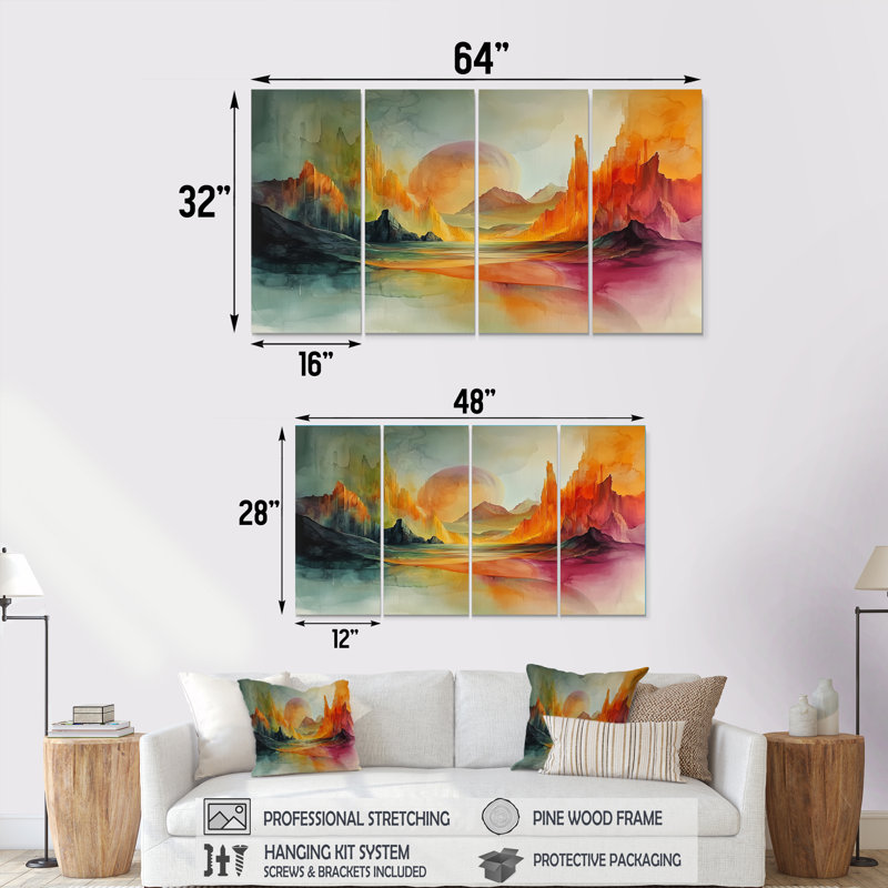 Ensemble de salon vert et orange Tachisme Landscape II - Tachisme Wall Art, H 32 po x l 64 po