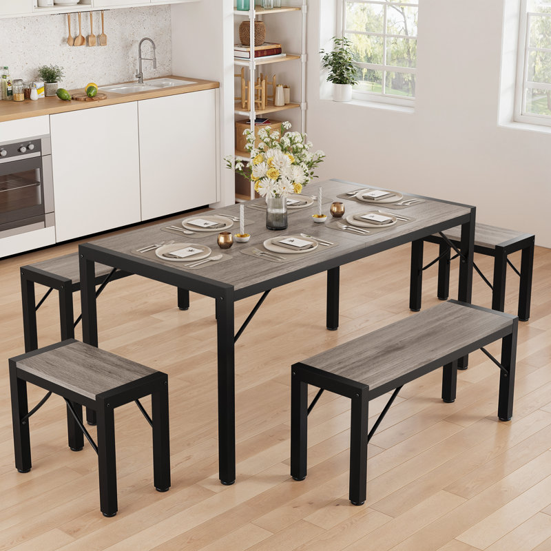 Ezzah Dining Set, Dining Table with Benches, Gris / Noir, 5 Pieces: Table, 4 Bench, H 30 po x l 63 po x P 30 po