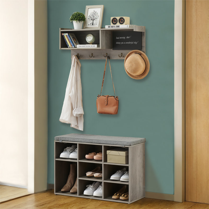 31.5 Inch Wall Mounted Hall Tree Set – Industrial Coat Rack & Shoe Bench with 5 Hooks, 8 Shoe Cubbies, Entryway Storage for Hallway (Gray)