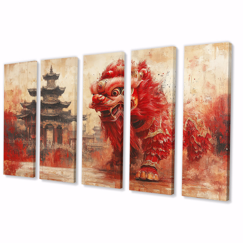 Red and Gray Dragons Lion Dance - Ensemble de décoration murale Dragons, H 28 po x l 60 po
