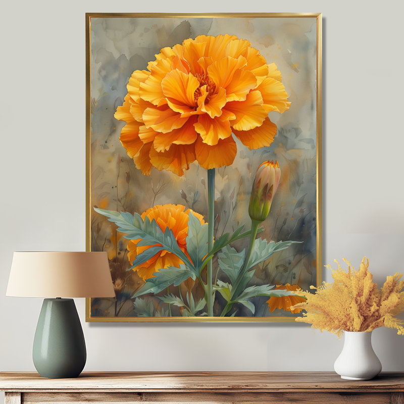 «Yellow Green Morning Sun Marigold I», reproduction d'art murale souci, Sans cadre, métal, H 34 po x l 44 po