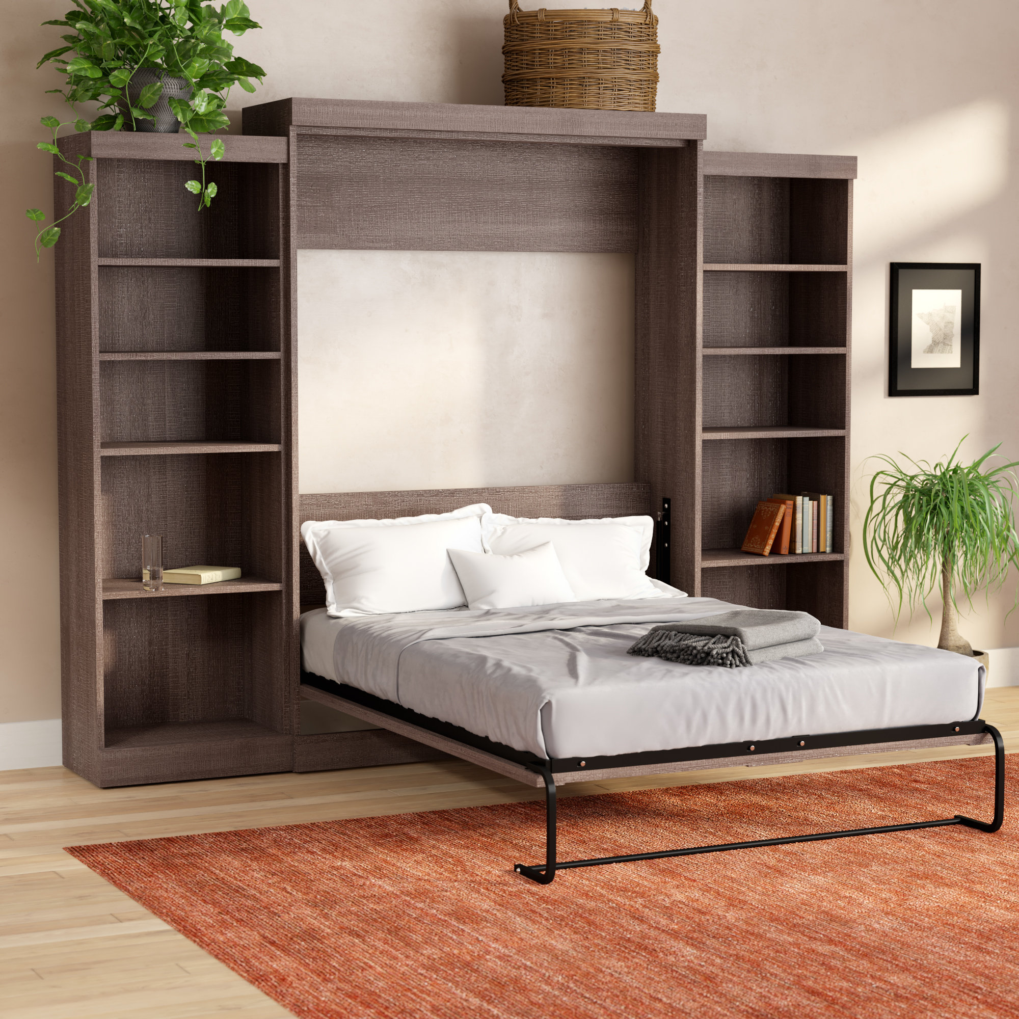 Arlex Murphy Bed and 2 Shelving Units, 115-Inch Space-Saving Wall Bed with Storage Wade Logan Color: Rustic Brown Size: Queen, image size:2000x2000
