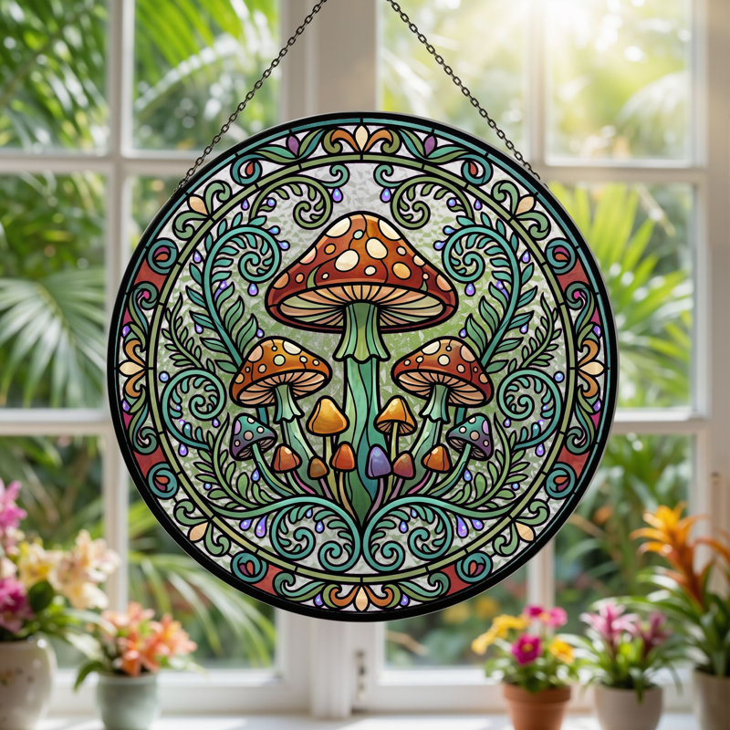 Panneau de vitrail Mushroom Mandala, 7,8 heures, 7.8"H