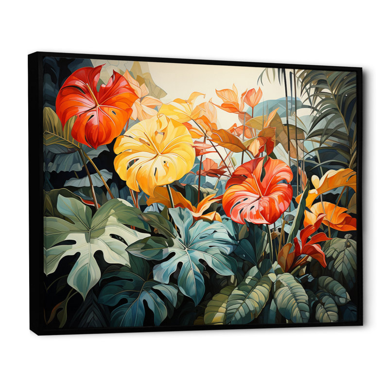 Orange tropical et feuillage vert I, Cadre flottant noir, H 24 po x l 32 po x P 1 po