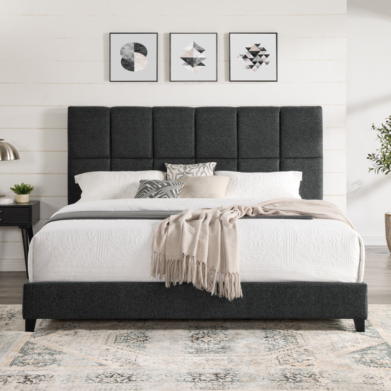 Ashiqu Squares Upholstered Platform Bed, King, Gray
