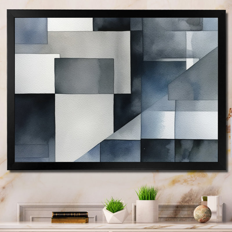 Gris et bleu abstrait zen - art mural minimaliste sur toile, H 12 po x l 20 po x P 1 po, Cadre simple noir