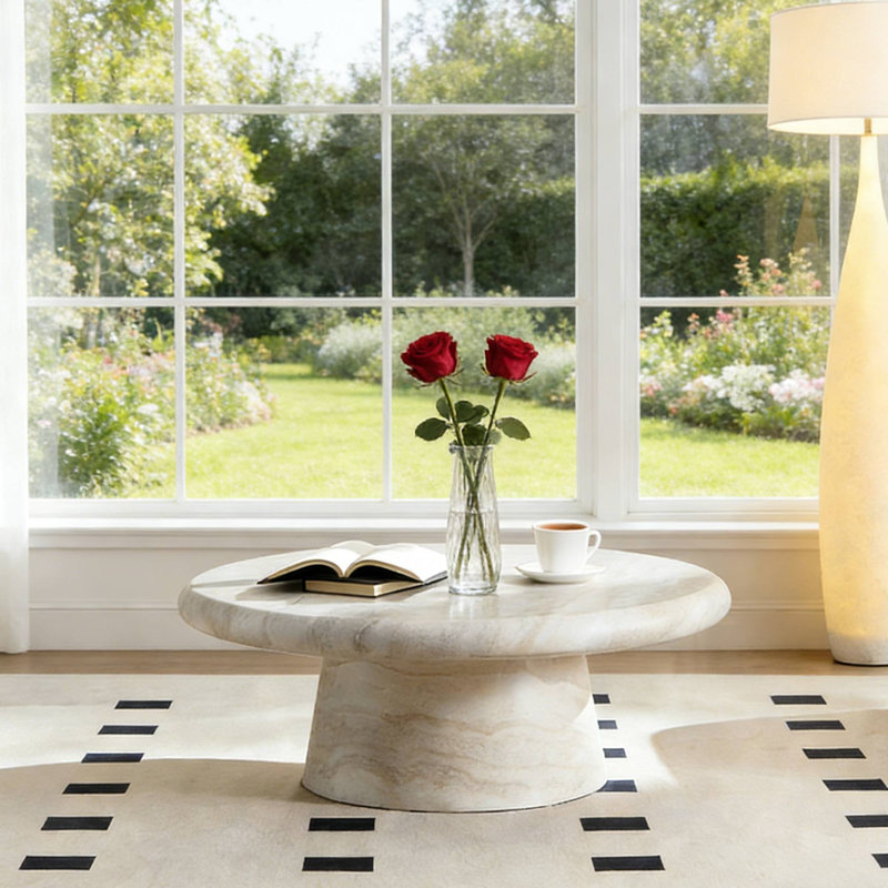 35.43" Space-Saving Round Coffee Table, FRP Matte Marble-Like For Living Room Condo Reading Corner