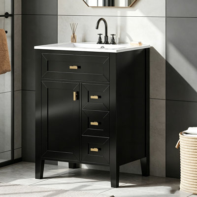 Meuble-lavabo de 24 po avec lavabo, panneau de fibres à densité moyenne et bois d'hévéa, 3 tiroirs et armoire avec support de rangement à 2 niveaux, porte et tiroirs à fermeture en douceur, conception moderne pour les petites et moyennes salles de bain
