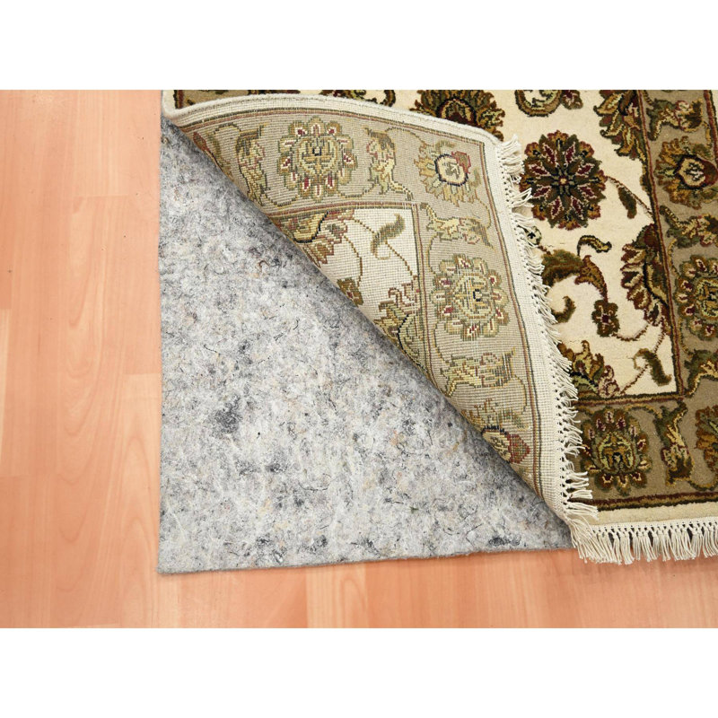 Tapis 2 pi 6 po x 8 pi blanc albâtre, Rajasthan avec motif de feuilles, noué à la main, laine et soie, velours doux, épais et moelleux, tapis de couloir oriental