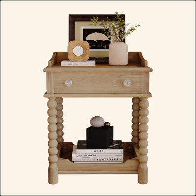 Table de chevet de style rétro avec tiroir et tablette ouverte pour la chambre à coucher, table de chevet avec pieds tournés et poignée en métal, naturel