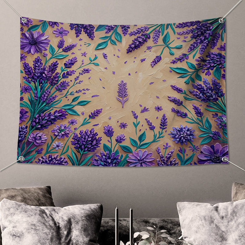 Tapisserie murale fleurs mauves lavande, 104in H x88 with 4 Grommets