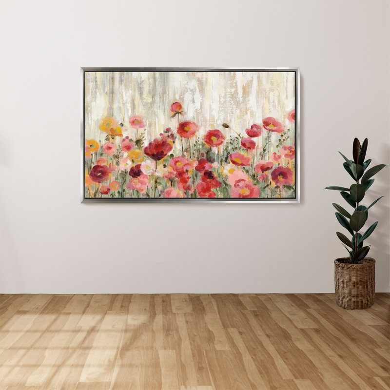 "Sprinkled Flowers" par Silvia Vassileva, reproduction sur toile dans un cadre flottant argenté, H 31,5 po x l 51,5 po