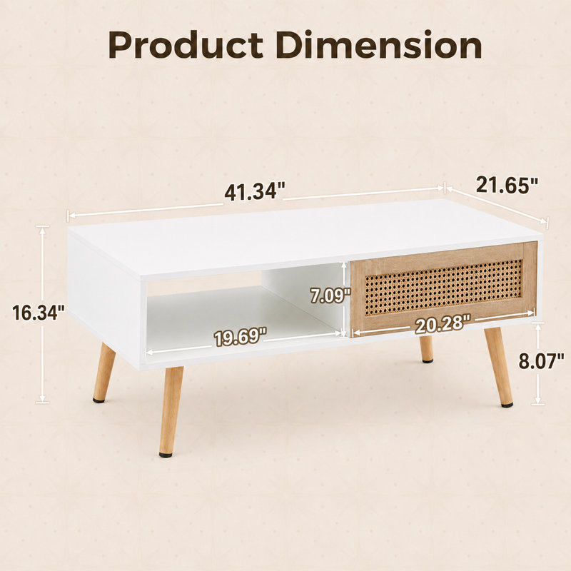 Table basse 41,3 "rectangulaire en bois d'ingénierie avec porte coulissante en rotin, blanc / chêne, Blanc