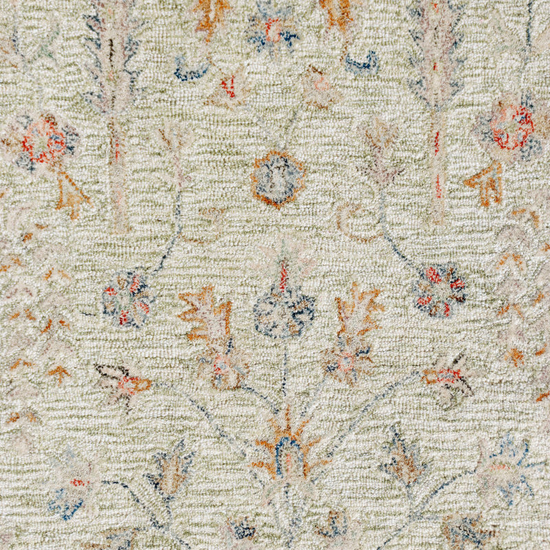 Floral Hand Tufted Wool Rug Cream Green Taupe