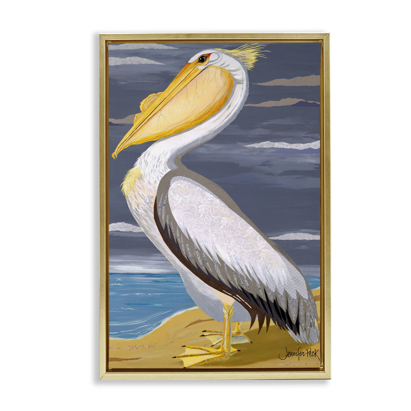 «White Pelican on Shore» par Jennifer Peck, H 31 po x l 21 po, Cadre flottant métallique doré