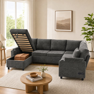 Canapé-lit polyvalent en forme de U avec rangement, ports de chargement, porte-gobelets et revêtement en chenille