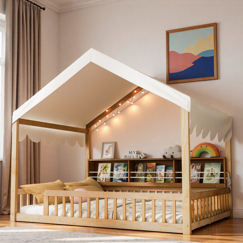Lit en bois avec auvent, 3 étagères de rangement et lumière DEL, Naturel