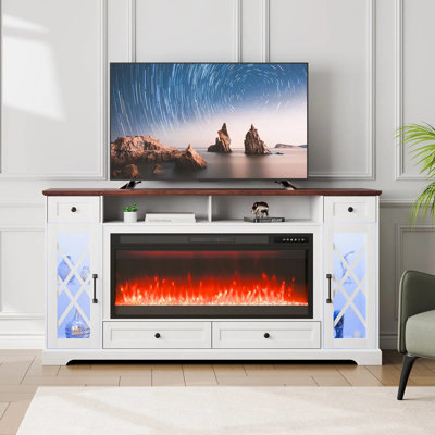 80" Fireplace TV Stand, Media Storage Corner with 42" Fireplace, Storage Drawers & Cabinets, Pastoral TV Console Table with 20 LED Lights, Remote Control & Timer for Living Room, Brown + White